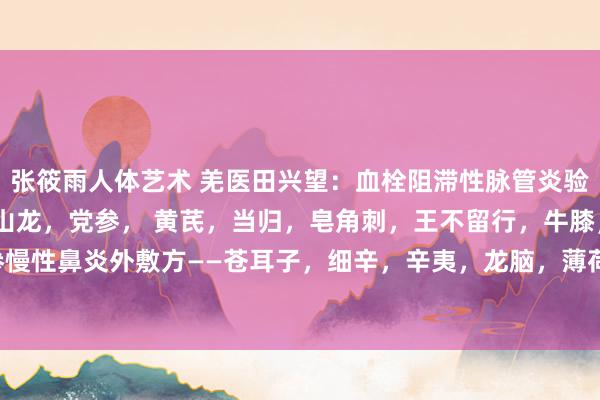 张筱雨人体艺术 羌医田兴望:血栓阻滞性脉管炎验方——银花,路路通,穿山龙,党参, 黄芪,当归,皂角刺,王不留行,牛膝,石斛,丹参慢性鼻炎外敷方——苍耳子,细辛,辛夷,龙脑,薄荷,防风,外敷大椎荨麻疹验方——蝉蜕...